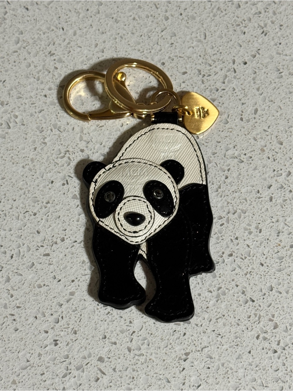 Authentic MCM Limited Edition Flat Leather Panda Bag Charm Gold Heart Pendant